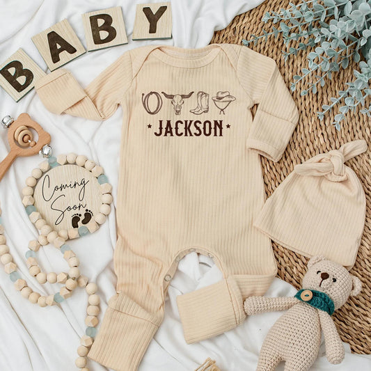 Personalized Western Baby Bodysuit Newborn Boy Name Jackson Rustic Cowboy Lasso Bull Skull Hat Boots Design Brown Stars Shower Gift