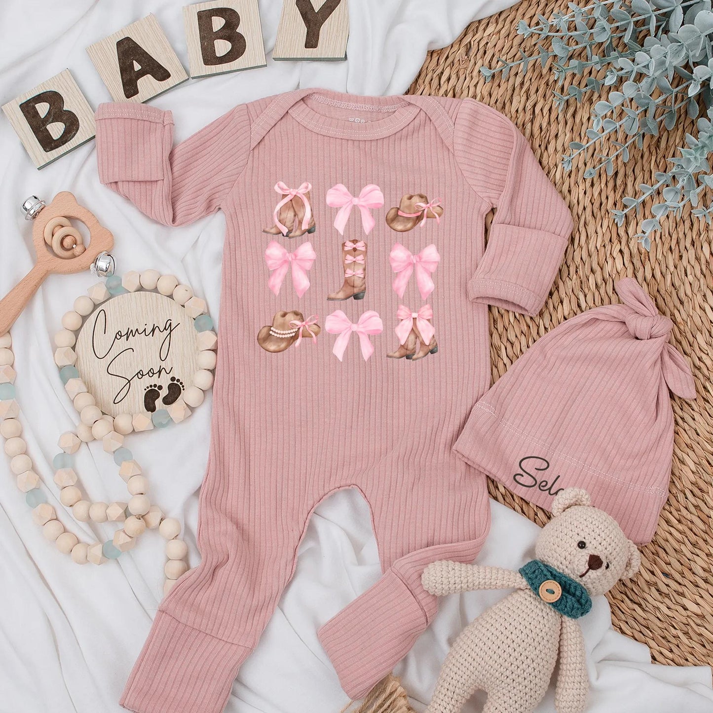 Personalized Watercolor Cowgirl Baby Bodysuit Cute Pink Bow Western Newborn Girl Outfit New Cowgirl In Town Soft Country Style