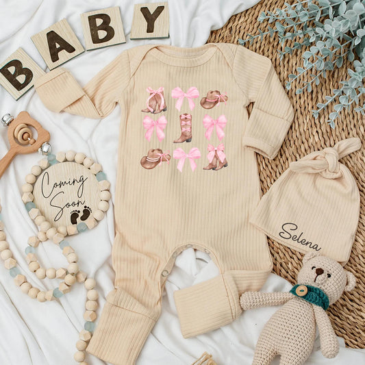 Personalized Watercolor Cowgirl Baby Bodysuit Cute Pink Bow Western Newborn Girl Outfit New Cowgirl In Town Soft Country Style