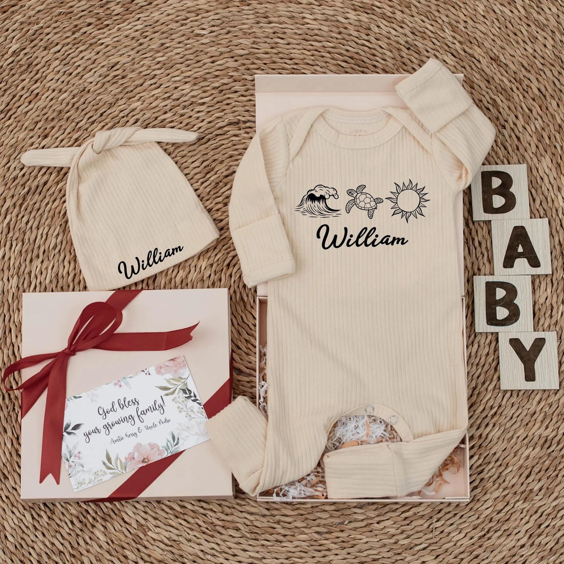 Personalized Beach Baby Bodysuit Cute Wave Turtle Sun Custom Name Ocean Outfit Newborn Boy Summer Gift Shower Gift