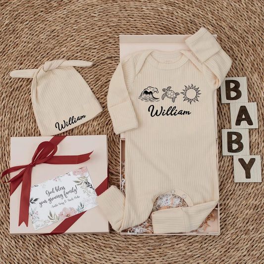Personalized Beach Baby Bodysuit Cute Wave Turtle Sun Custom Name Ocean Outfit Newborn Boy Summer Gift Shower Gift