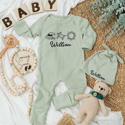 Personalized Beach Baby Bodysuit Cute Wave Turtle Sun Custom Name Ocean Outfit Newborn Boy Summer Gift Shower Gift