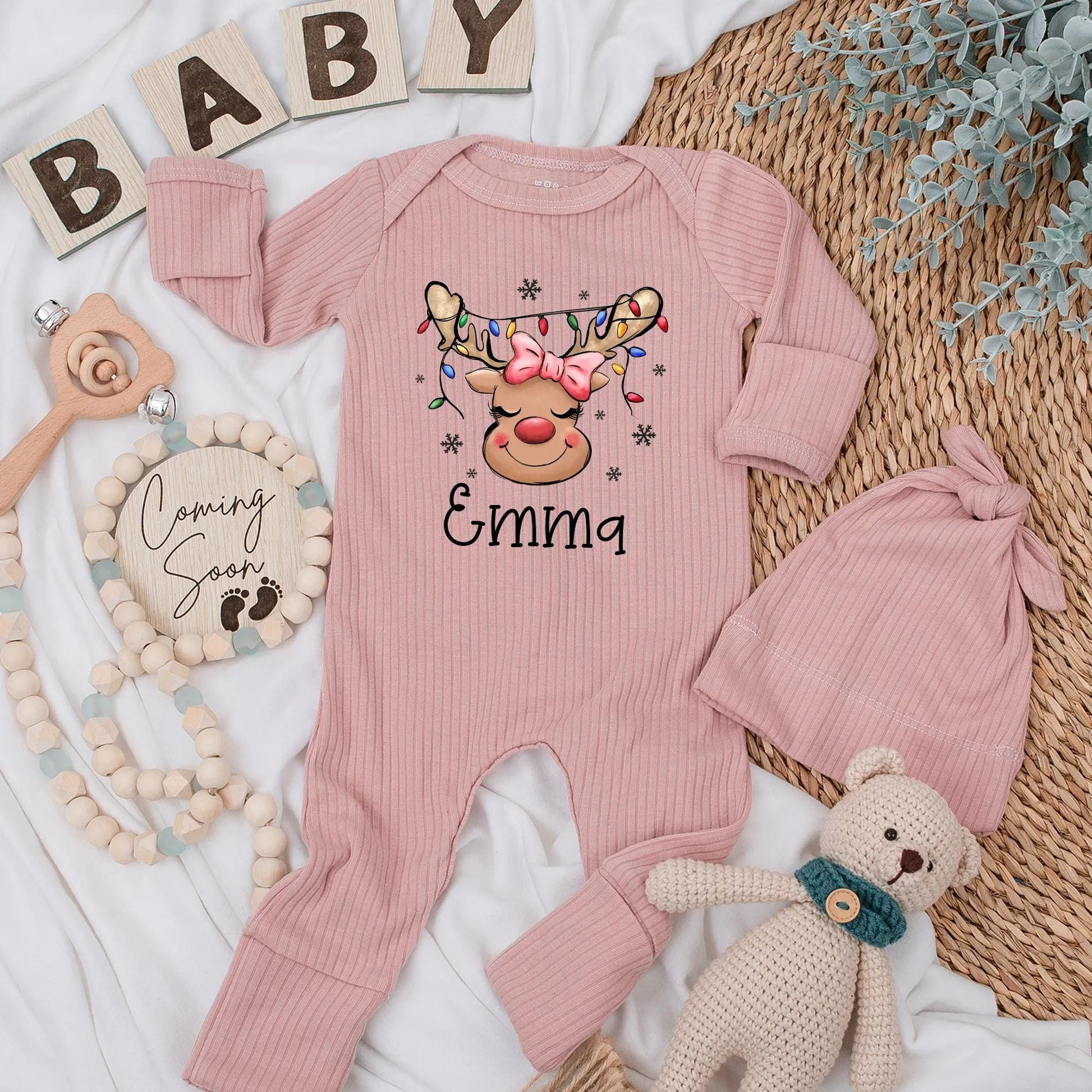 Custom Christmas Reindeer Baby Bodysuit with Pink Bow and Antler Lights, Personalized Emma First Xmas Cute Newborn Girl Outfit Baby Shower Gift