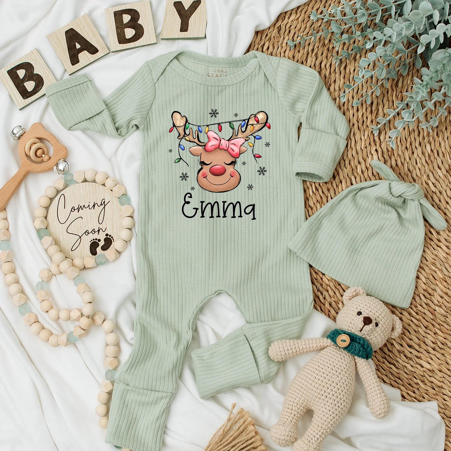 Custom Christmas Reindeer Baby Bodysuit with Pink Bow and Antler Lights, Personalized Emma First Xmas Cute Newborn Girl Outfit Baby Shower Gift