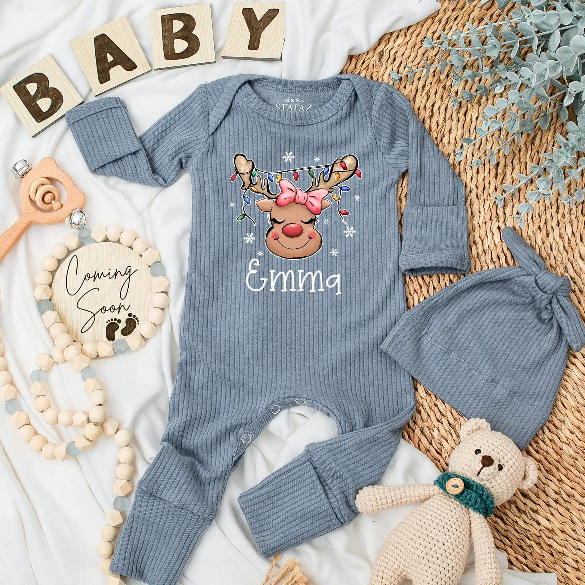 Custom Christmas Reindeer Baby Bodysuit with Pink Bow and Antler Lights, Personalized Emma First Xmas Cute Newborn Girl Outfit Baby Shower Gift