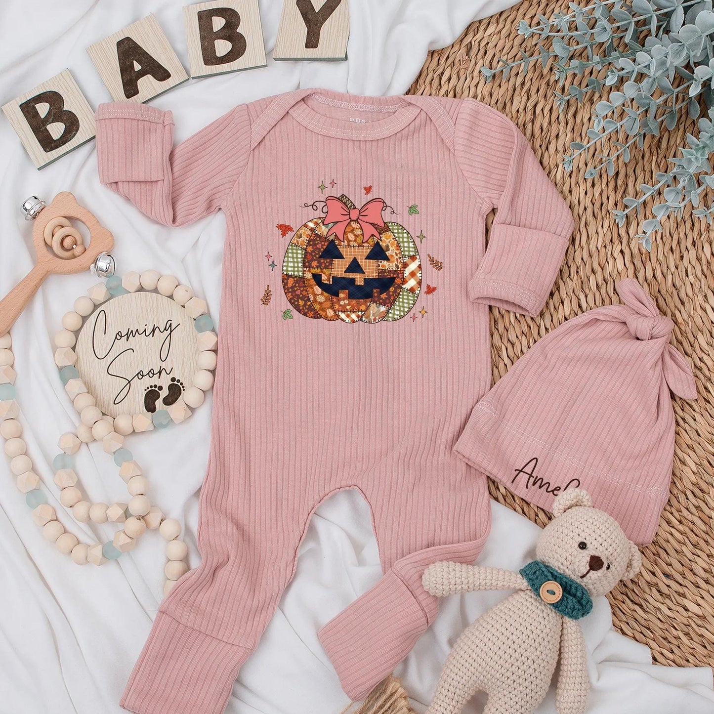Fall Pumpkin Patch Baby Bodysuit, Floral Bow First Halloween Outfit, Baby Shower Gift, Autumn Newborn Clothes, Jack-o'-Lantern Baby Reveal 134 chars
