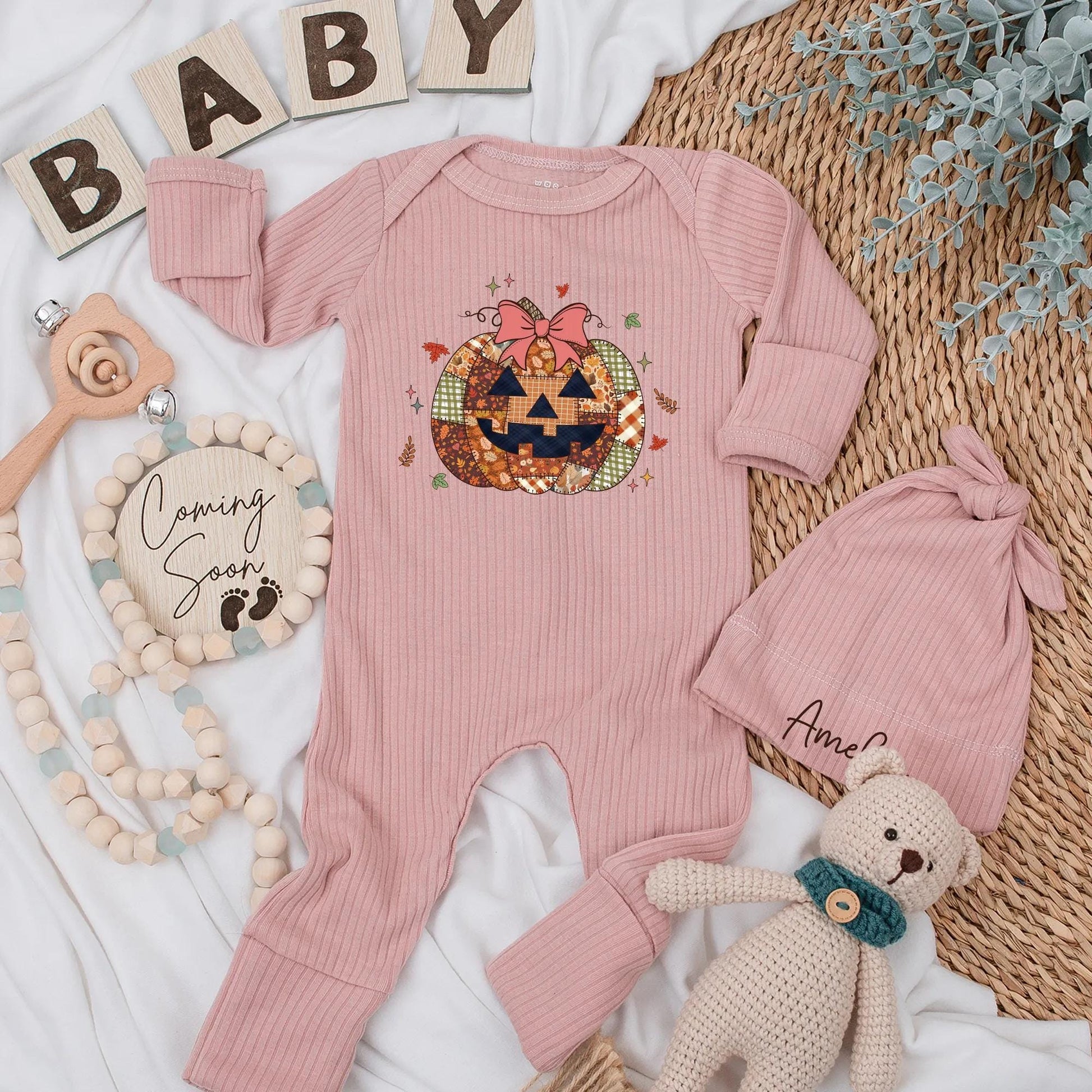 Fall Pumpkin Patch Baby Bodysuit, Floral Bow First Halloween Outfit, Baby Shower Gift, Autumn Newborn Clothes, Jack-o'-Lantern Baby Reveal 134 chars