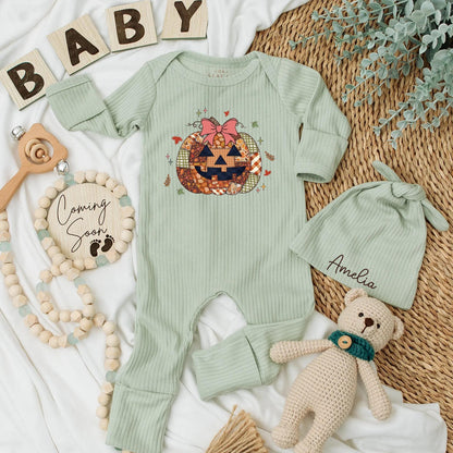 Fall Pumpkin Patch Baby Bodysuit, Floral Bow First Halloween Outfit, Baby Shower Gift, Autumn Newborn Clothes, Jack-o'-Lantern Baby Reveal 134 chars