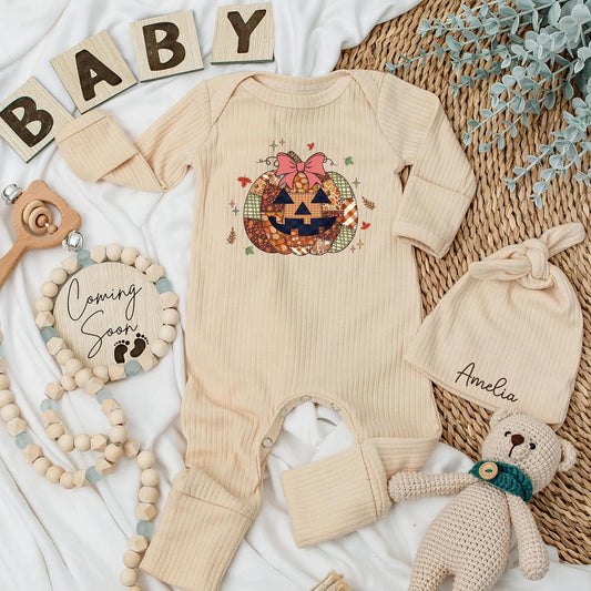 Fall Pumpkin Patch Baby Bodysuit, Floral Bow First Halloween Outfit, Baby Shower Gift, Autumn Newborn Clothes, Jack-o'-Lantern Baby Reveal 134 chars