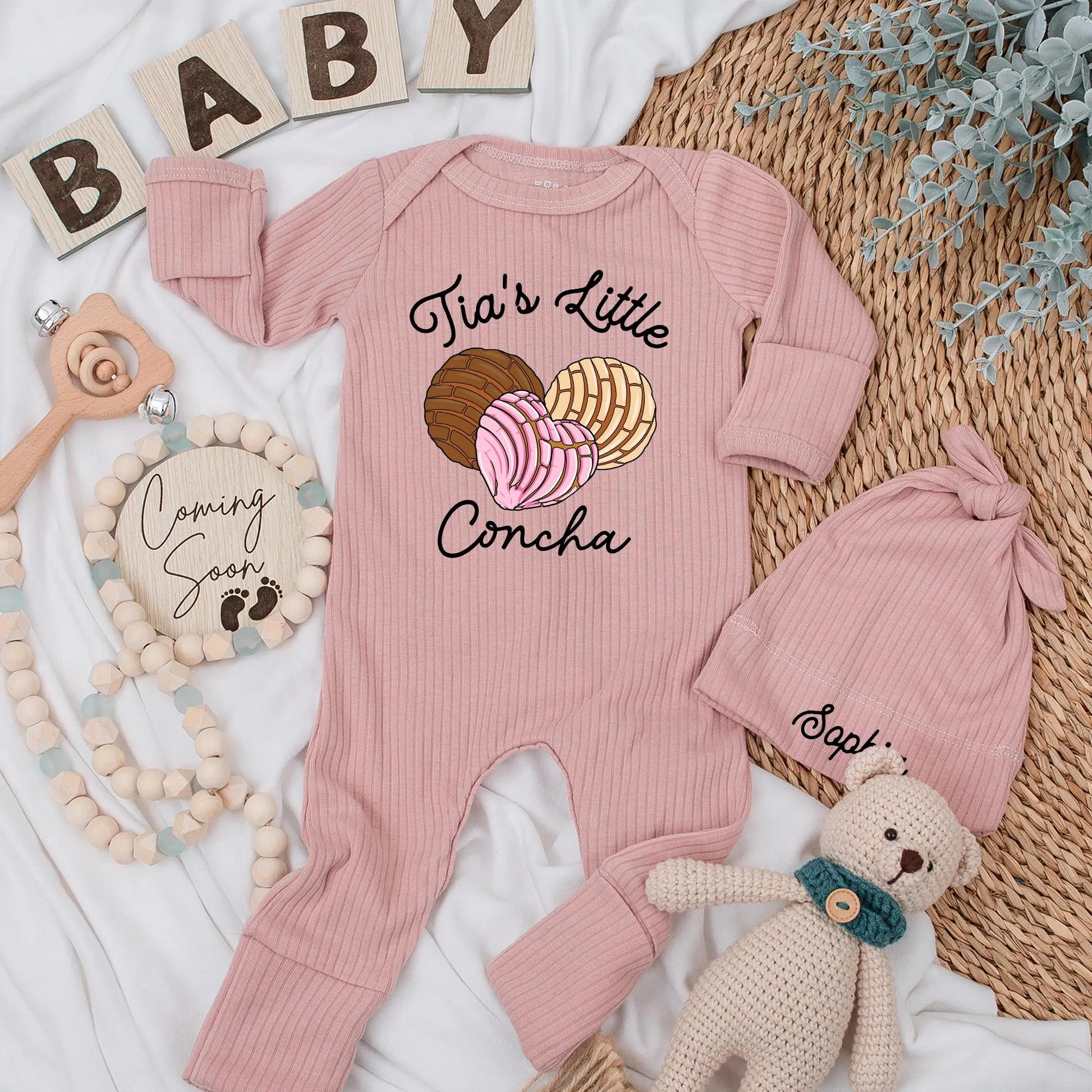 Tia's Little Concha Baby Bodysuit Sweet Bread Design for Niece Nephew Aunt New Baby Gifts Cute Colorful Outfit Shower Gift Brown Pink Tan 137 chars