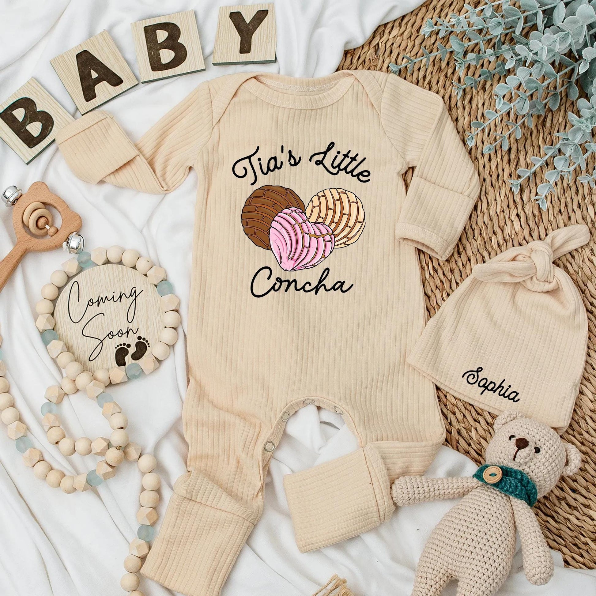 Tia's Little Concha Baby Bodysuit Sweet Bread Design for Niece Nephew Aunt New Baby Gifts Cute Colorful Outfit Shower Gift Brown Pink Tan 137 chars