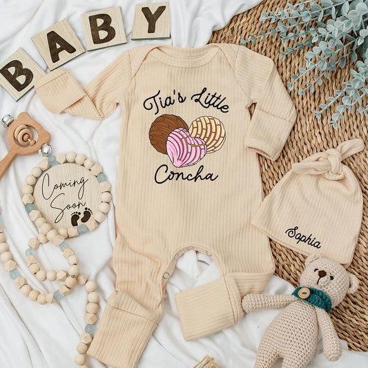 Tia's Little Concha Baby Bodysuit Sweet Bread Design for Niece Nephew Aunt New Baby Gifts Cute Colorful Outfit Shower Gift Brown Pink Tan 137 chars