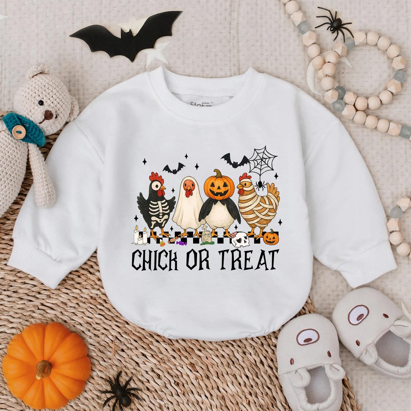 Cute Halloween Chickens Chick or Treat Baby Bubble Romper Spooky Ghost Pumpkin Mummy Skeleton Chicken Lover Outfit Toddler Boys Girls