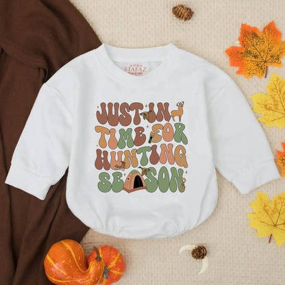 Just In Time For Hunting Season Retro Baby Romper & Future Hunting Buddy Sweatshirt Outfit