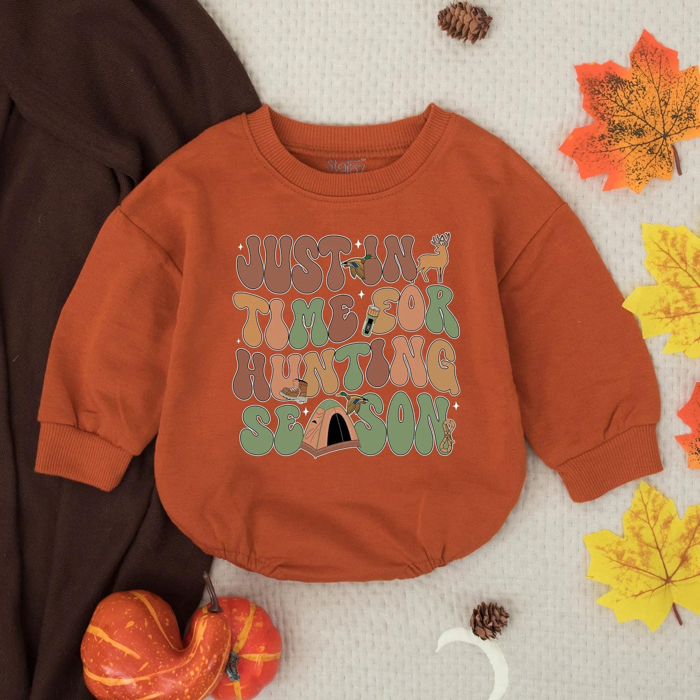 Just In Time For Hunting Season Retro Baby Romper & Future Hunting Buddy Sweatshirt Outfit