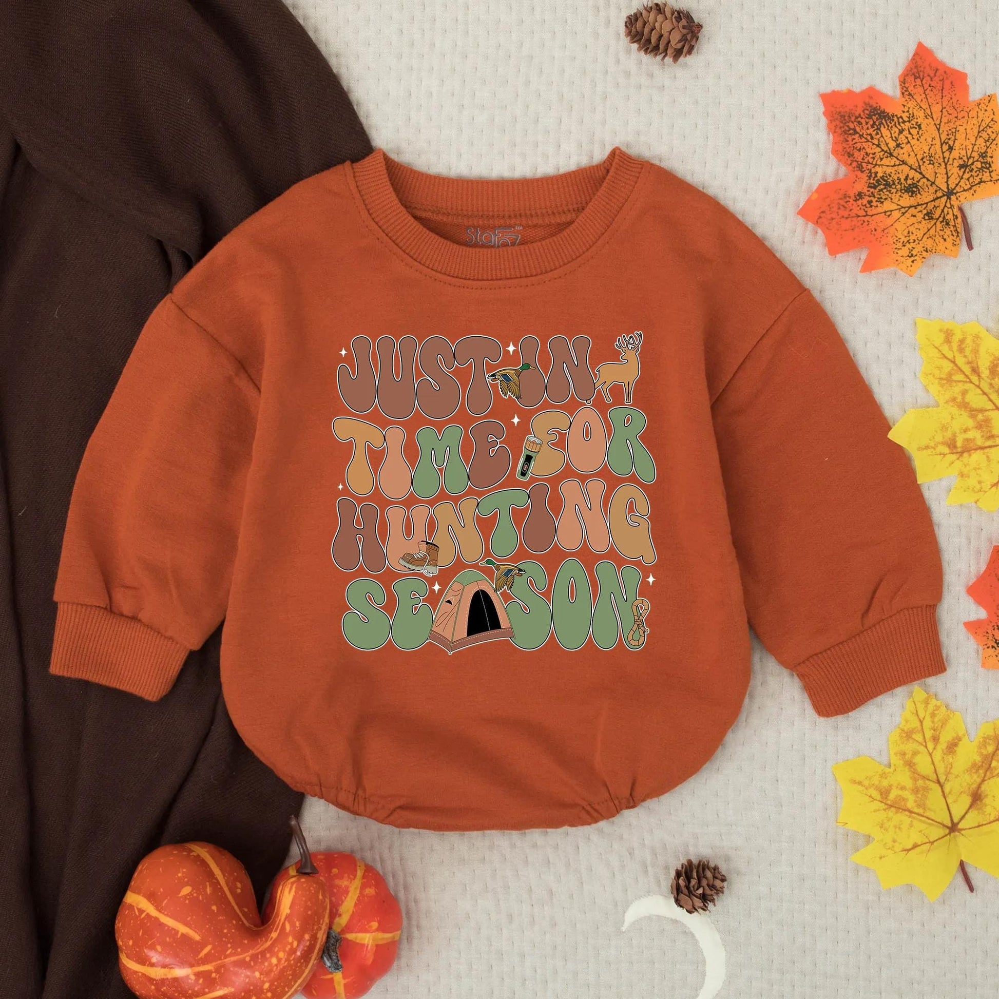 Just In Time For Hunting Season Retro Baby Romper & Future Hunting Buddy Sweatshirt Outfit