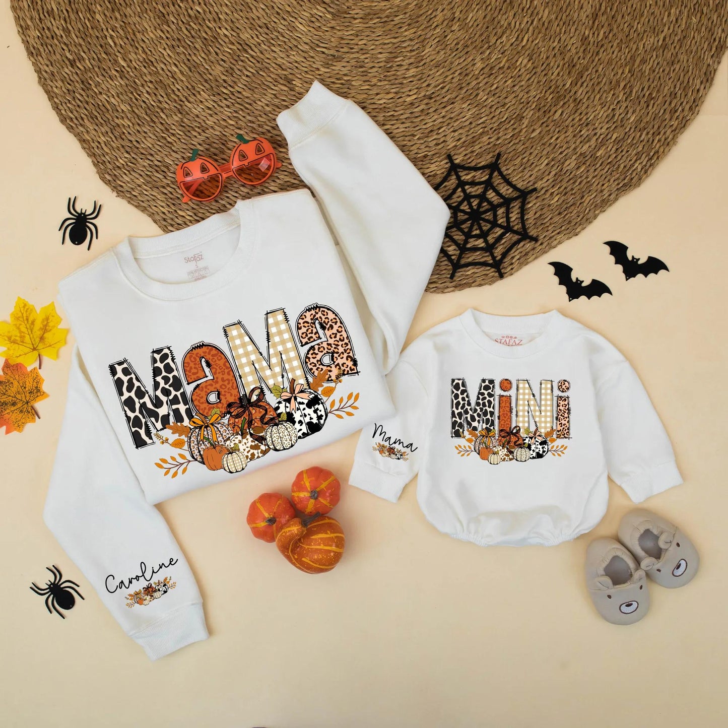 Cute Leopard Pumpkin Mama & Mini Matching Fall Sweatshirts Autumn Leaves Graphic Family Outfits Cozy Thanksgiving Gift