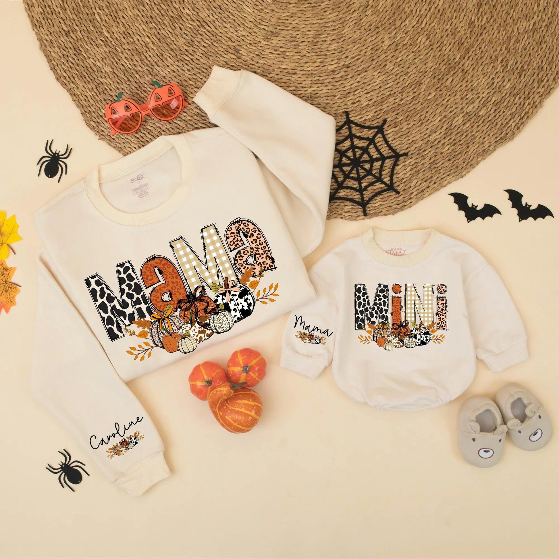 Cute Leopard Pumpkin Mama & Mini Matching Fall Sweatshirts Autumn Leaves Graphic Family Outfits Cozy Thanksgiving Gift