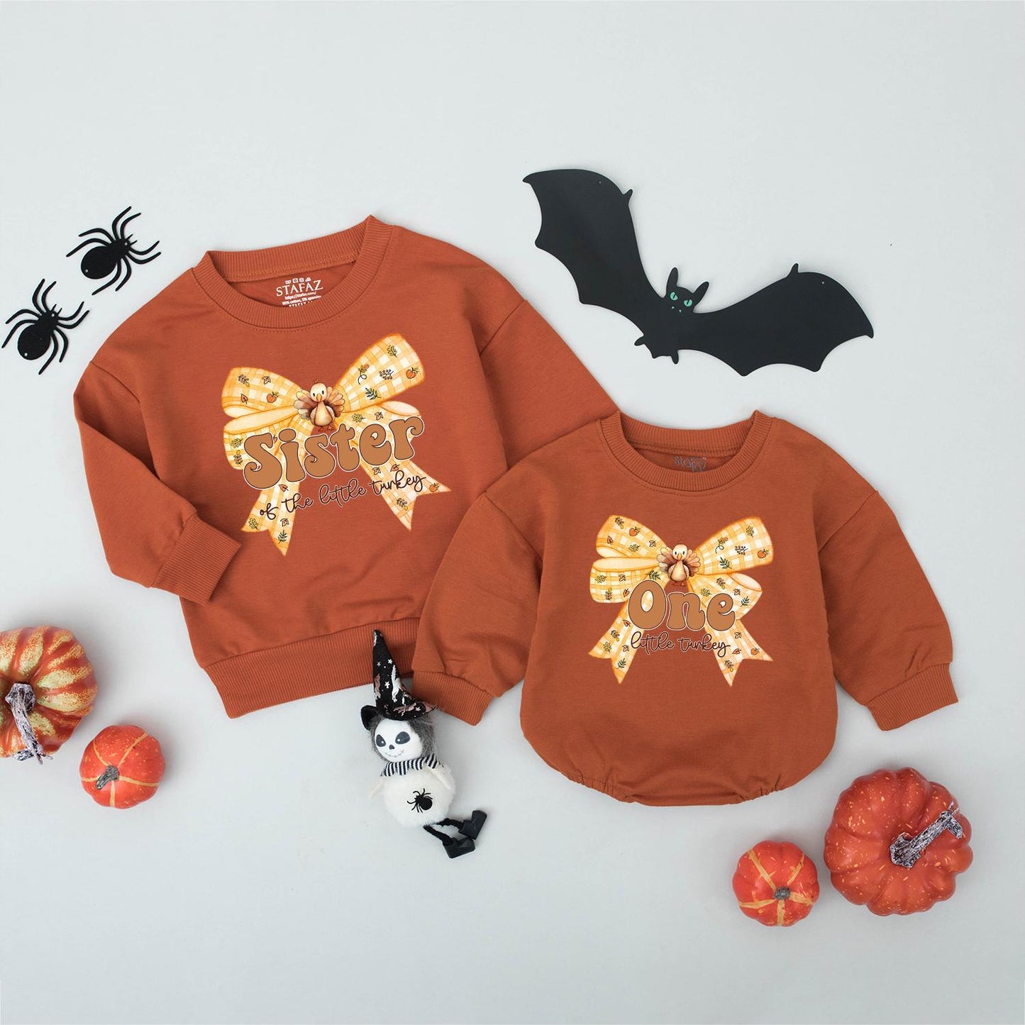 One Little Turkey First Birthday Matching Family Sweatshirt, Cute Fall Outfit for Baby's 1st B-Day, Orange & Yellow Pumpkin Bow Thanksgiving Shirt (139 chars)