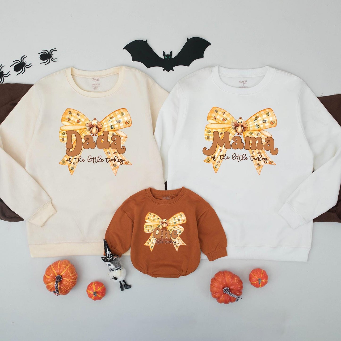 One Little Turkey First Birthday Matching Family Sweatshirt, Cute Fall Outfit for Baby's 1st B-Day, Orange & Yellow Pumpkin Bow Thanksgiving Shirt (139 chars)
