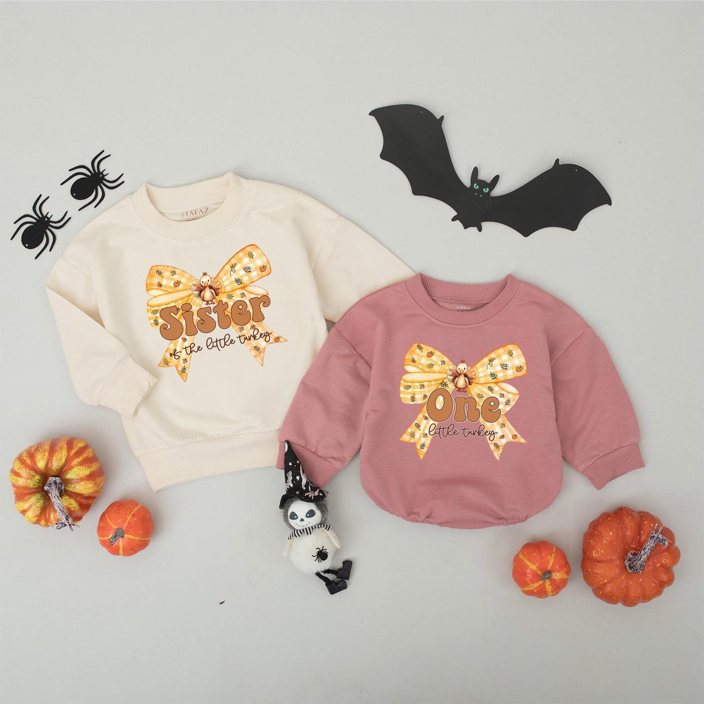 One Little Turkey First Birthday Matching Family Sweatshirt, Cute Fall Outfit for Baby's 1st B-Day, Orange & Yellow Pumpkin Bow Thanksgiving Shirt (139 chars)