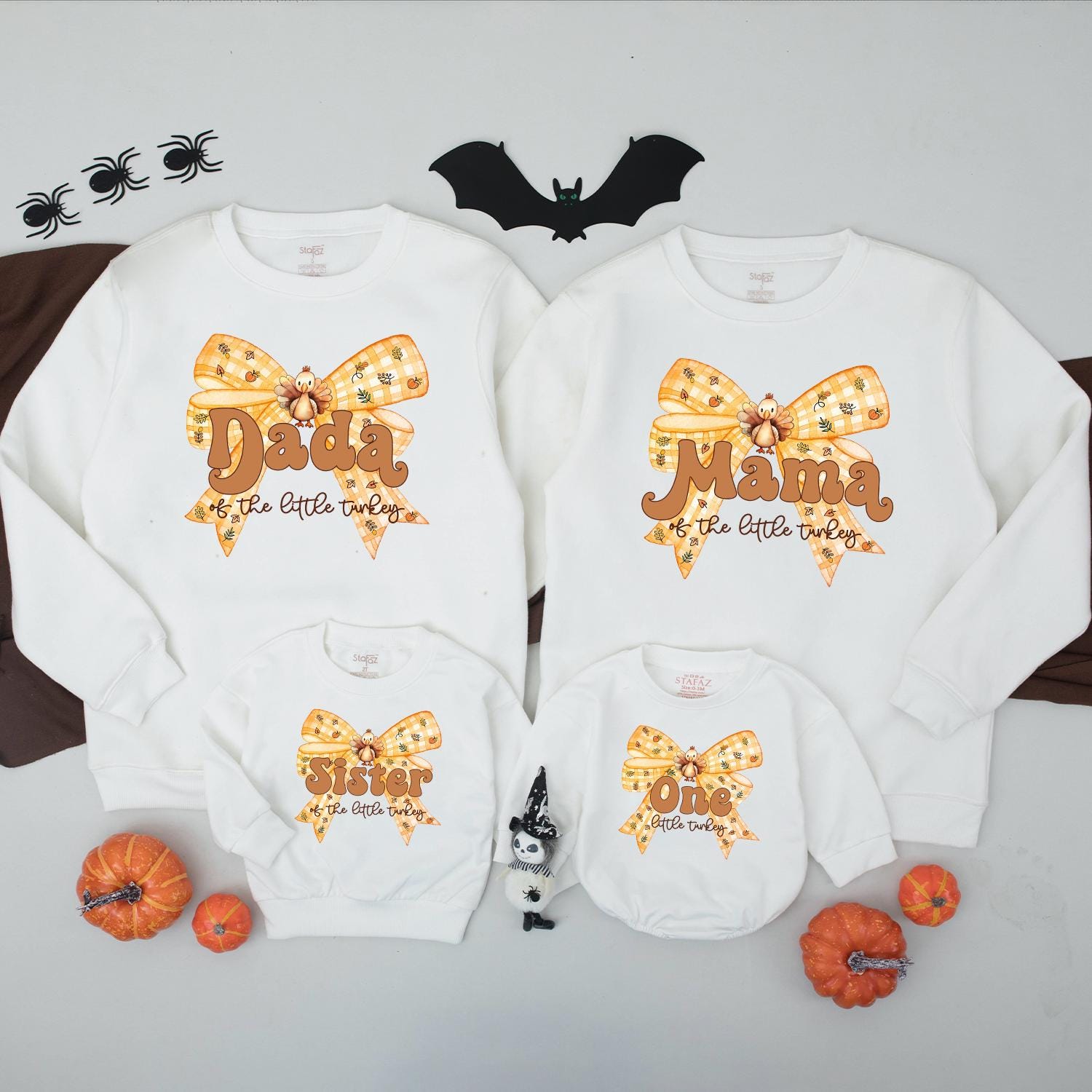 One Little Turkey First Birthday Matching Family Sweatshirt, Cute Fall Outfit for Baby's 1st B-Day, Orange & Yellow Pumpkin Bow Thanksgiving Shirt (139 chars)
