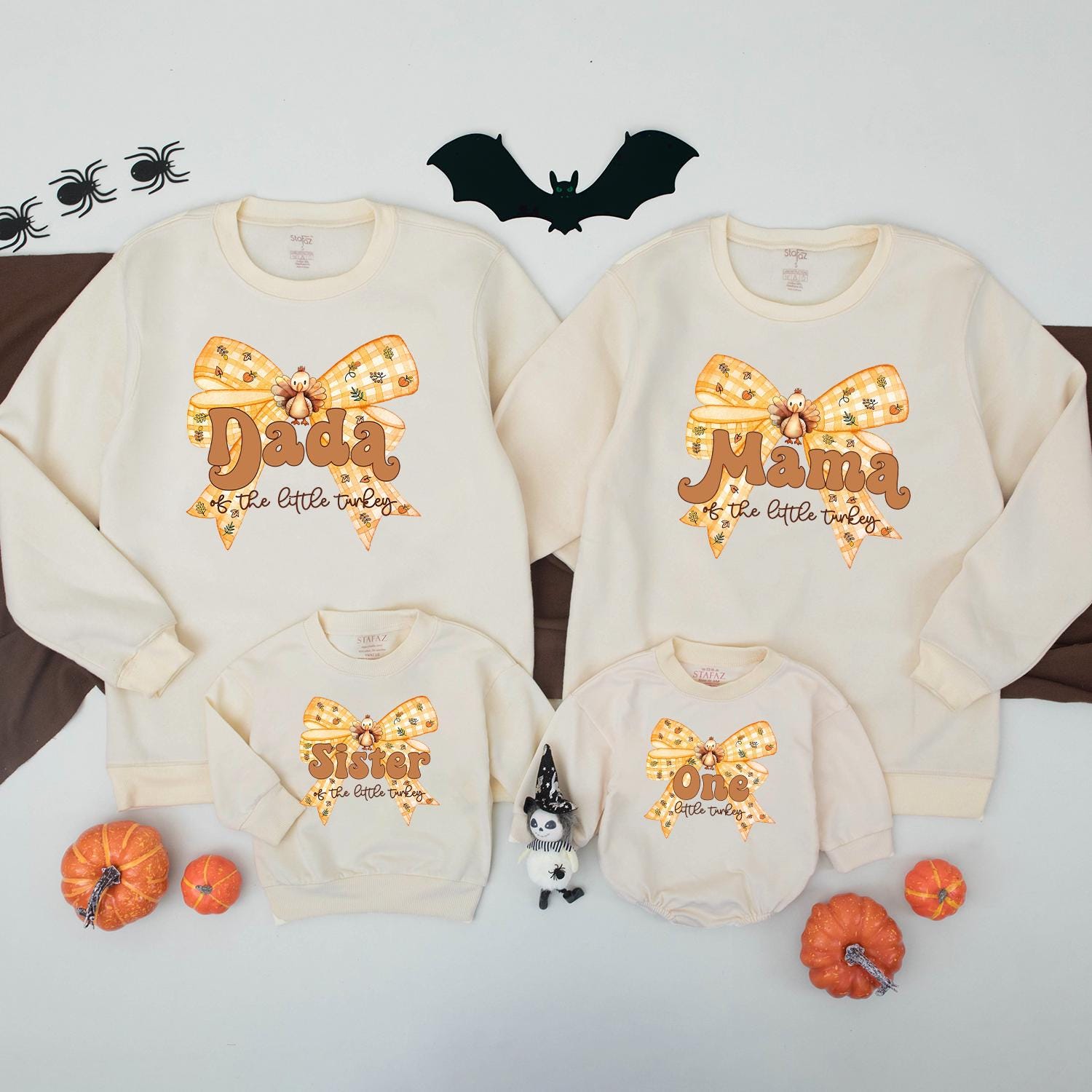 One Little Turkey First Birthday Matching Family Sweatshirt, Cute Fall Outfit for Baby's 1st B-Day, Orange & Yellow Pumpkin Bow Thanksgiving Shirt (139 chars)
