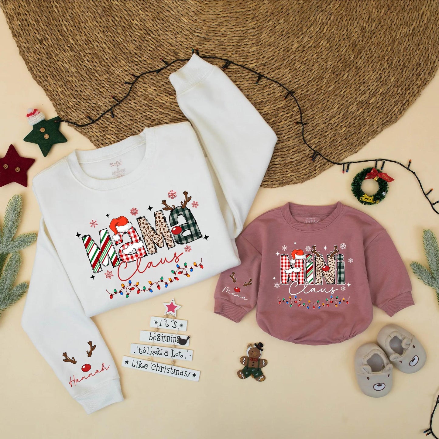 Mama Claus Mini Claus Matching Christmas Sweatshirt Cute Retro Holiday Family Outfits Mommy and Me Gift Personalized for Baby and Mom