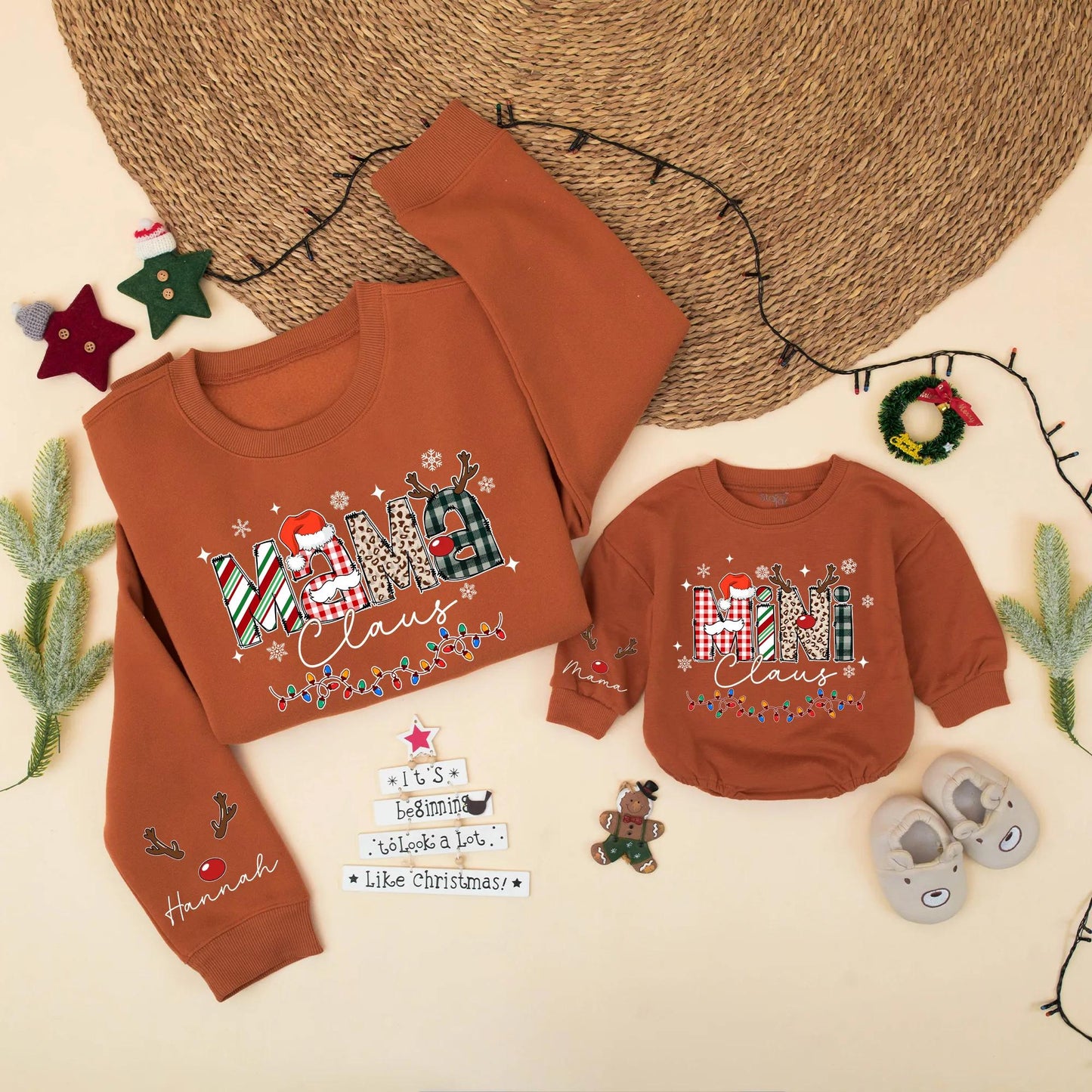 Mama Claus Mini Claus Matching Christmas Sweatshirt Cute Retro Holiday Family Outfits Mommy and Me Gift Personalized for Baby and Mom