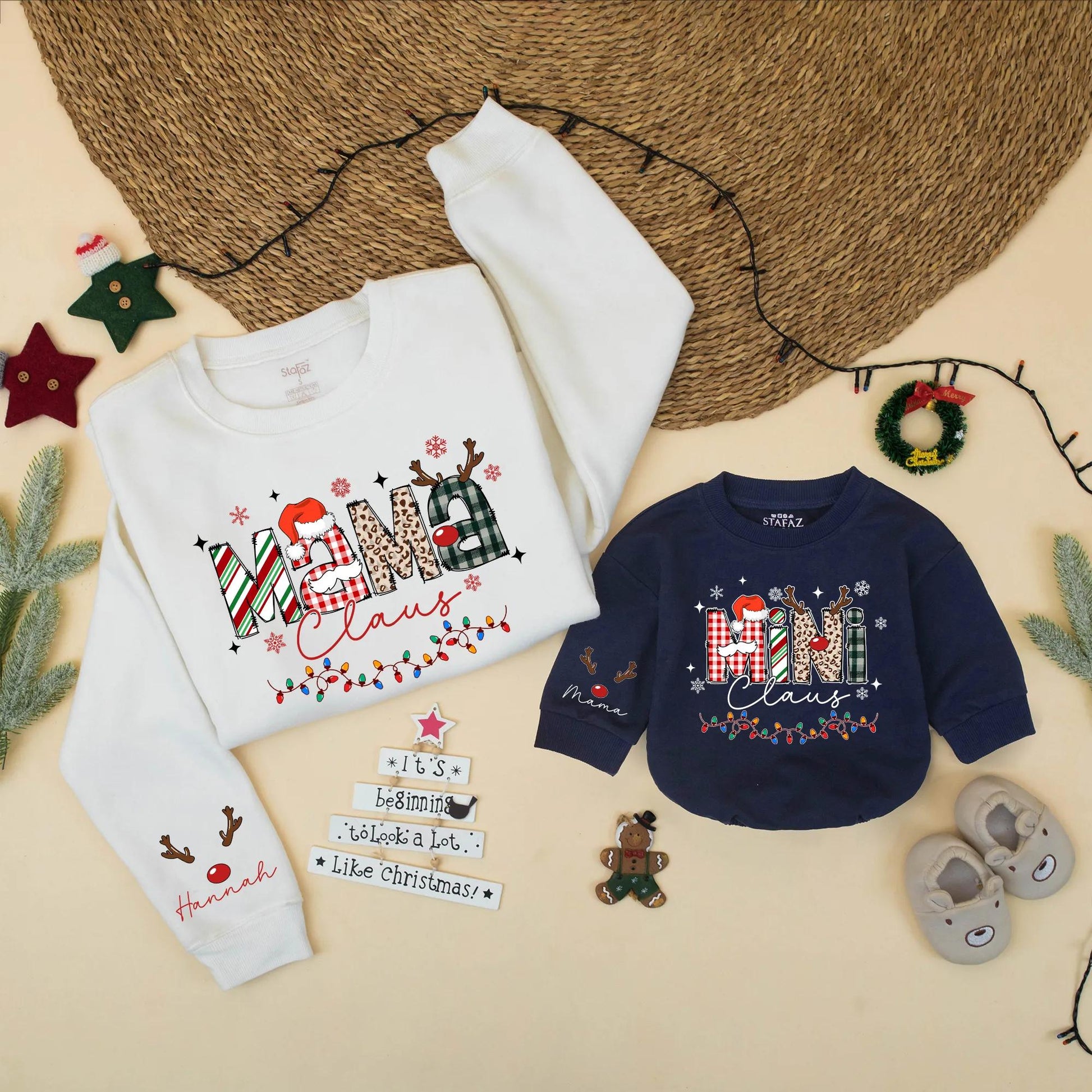Mama Claus Mini Claus Matching Christmas Sweatshirt Cute Retro Holiday Family Outfits Mommy and Me Gift Personalized for Baby and Mom