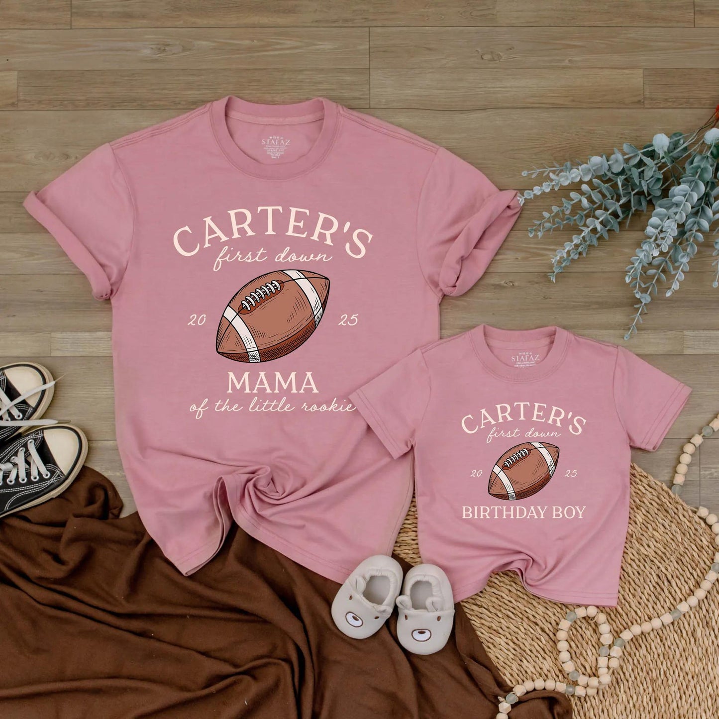 Custom Football First Birthday Family Matching Shirts for One Year Old Boy Parents Vintage Hand-Drawn Rookie First Down Outfits