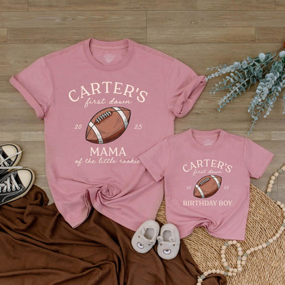 Custom Football First Birthday Family Matching Shirts for One Year Old Boy Parents Vintage Hand-Drawn Rookie First Down Outfits