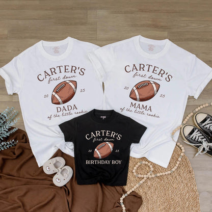 Custom Football First Birthday Family Matching Shirts for One Year Old Boy Parents Vintage Hand-Drawn Rookie First Down Outfits