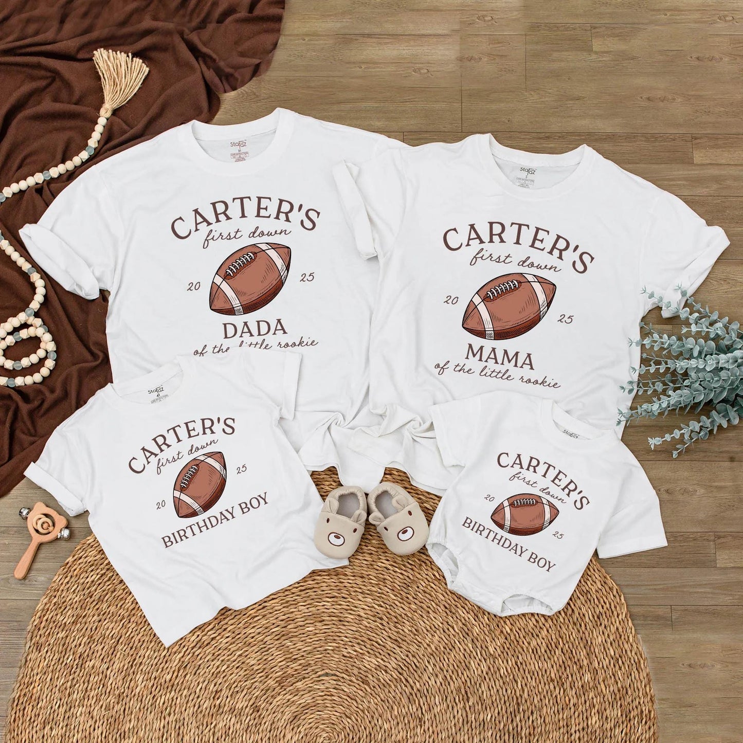 Custom Football First Birthday Family Matching Shirts for One Year Old Boy Parents Vintage Hand-Drawn Rookie First Down Outfits