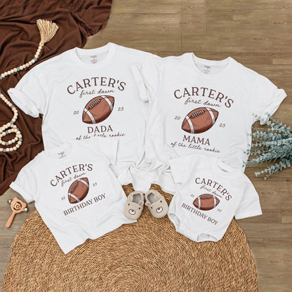 Custom Football First Birthday Family Matching Shirts for One Year Old Boy Parents Vintage Hand-Drawn Rookie First Down Outfits