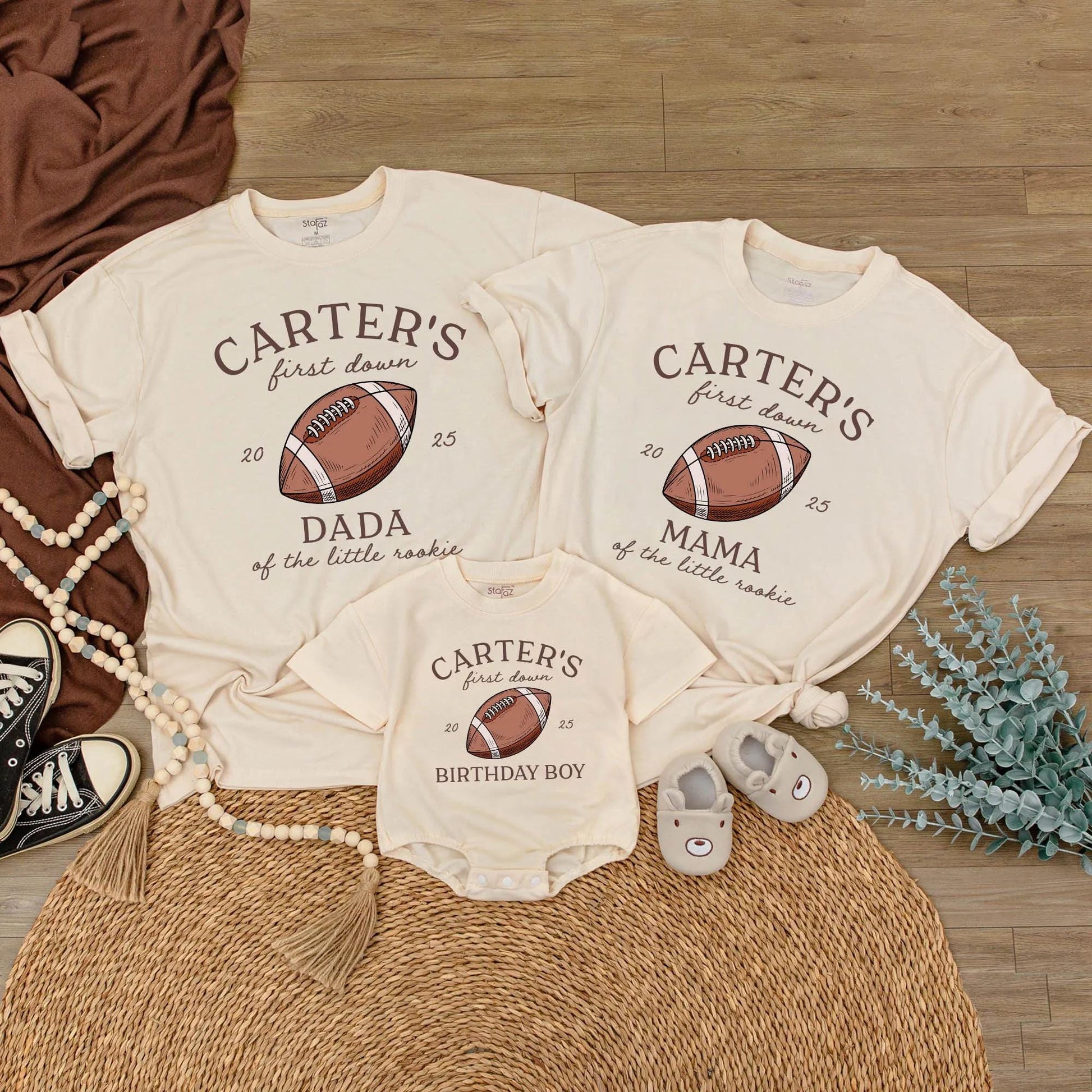 Custom Football First Birthday Family Matching Shirts for One Year Old Boy Parents Vintage Hand-Drawn Rookie First Down Outfits