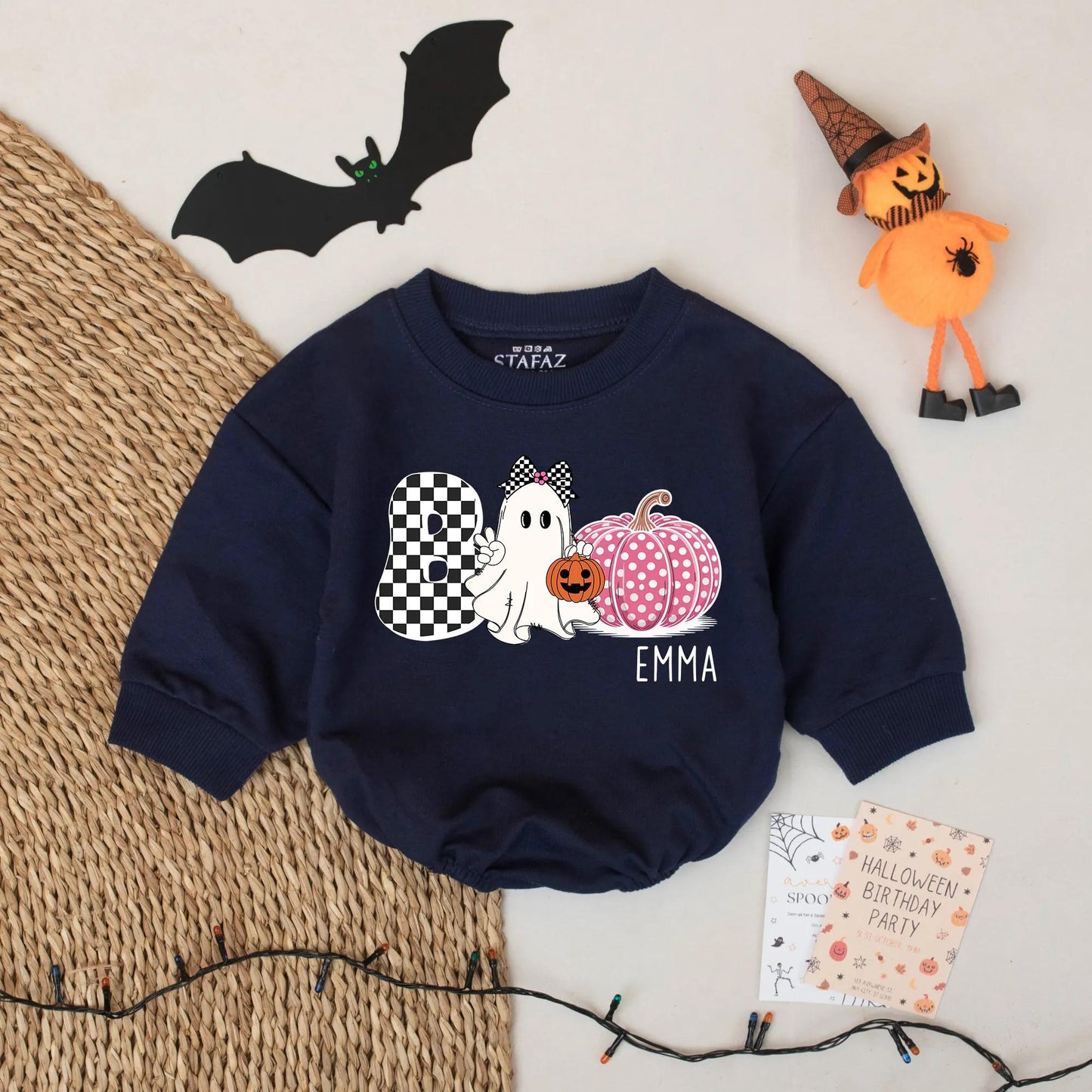 Personalized Emma Boo Ghost Bubble Romper Cute Halloween Baby Girl Outfit with Checkered Bow & Polka Dot Pumpkin Whimsical Gift