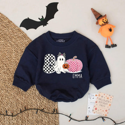 Personalized Emma Boo Ghost Bubble Romper Cute Halloween Baby Girl Outfit with Checkered Bow & Polka Dot Pumpkin Whimsical Gift
