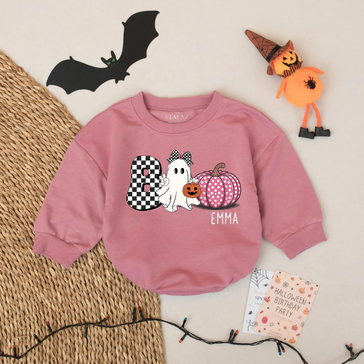 Personalized Emma Boo Ghost Bubble Romper Cute Halloween Baby Girl Outfit with Checkered Bow & Polka Dot Pumpkin Whimsical Gift