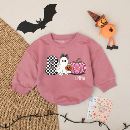 Personalized Emma Boo Ghost Bubble Romper Cute Halloween Baby Girl Outfit with Checkered Bow & Polka Dot Pumpkin Whimsical Gift