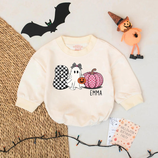 Personalized Emma Boo Ghost Bubble Romper Cute Halloween Baby Girl Outfit with Checkered Bow & Polka Dot Pumpkin Whimsical Gift