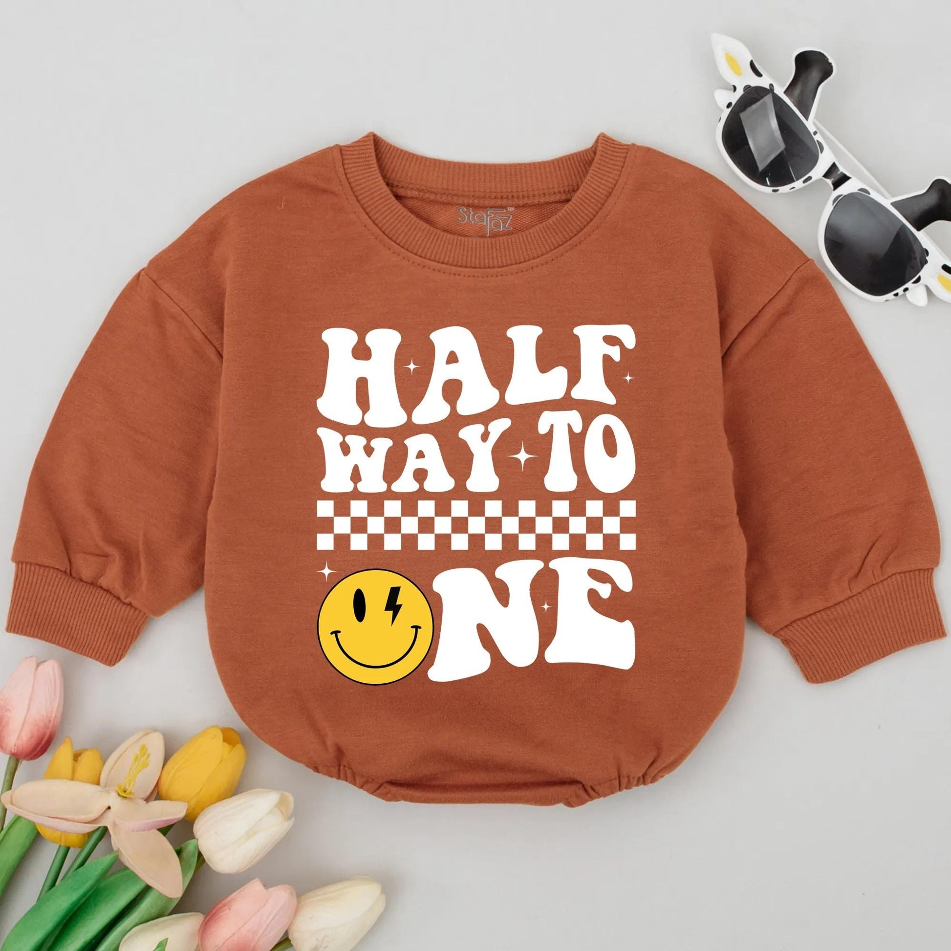 Half Way To One Baby Romper, Retro Checker Smiley Face 6 Month Birthday Onesie Outfit, Whimsical Lightning Eye Design Shower Gift