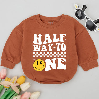 Half Way To One Baby Romper, Retro Checker Smiley Face 6 Month Birthday Onesie Outfit, Whimsical Lightning Eye Design Shower Gift