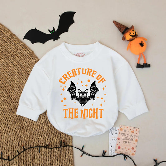 Spooky Cute Creature of The Night Halloween Baby Romper, Funny Bat Bodysuit First Halloween Outfit, Playful Halloween Gift Idea 136 chars