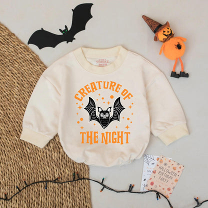 Spooky Cute Creature of The Night Halloween Baby Romper, Funny Bat Bodysuit First Halloween Outfit, Playful Halloween Gift Idea 136 chars