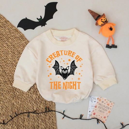 Spooky Cute Creature of The Night Halloween Baby Romper, Funny Bat Bodysuit First Halloween Outfit, Playful Halloween Gift Idea 136 chars