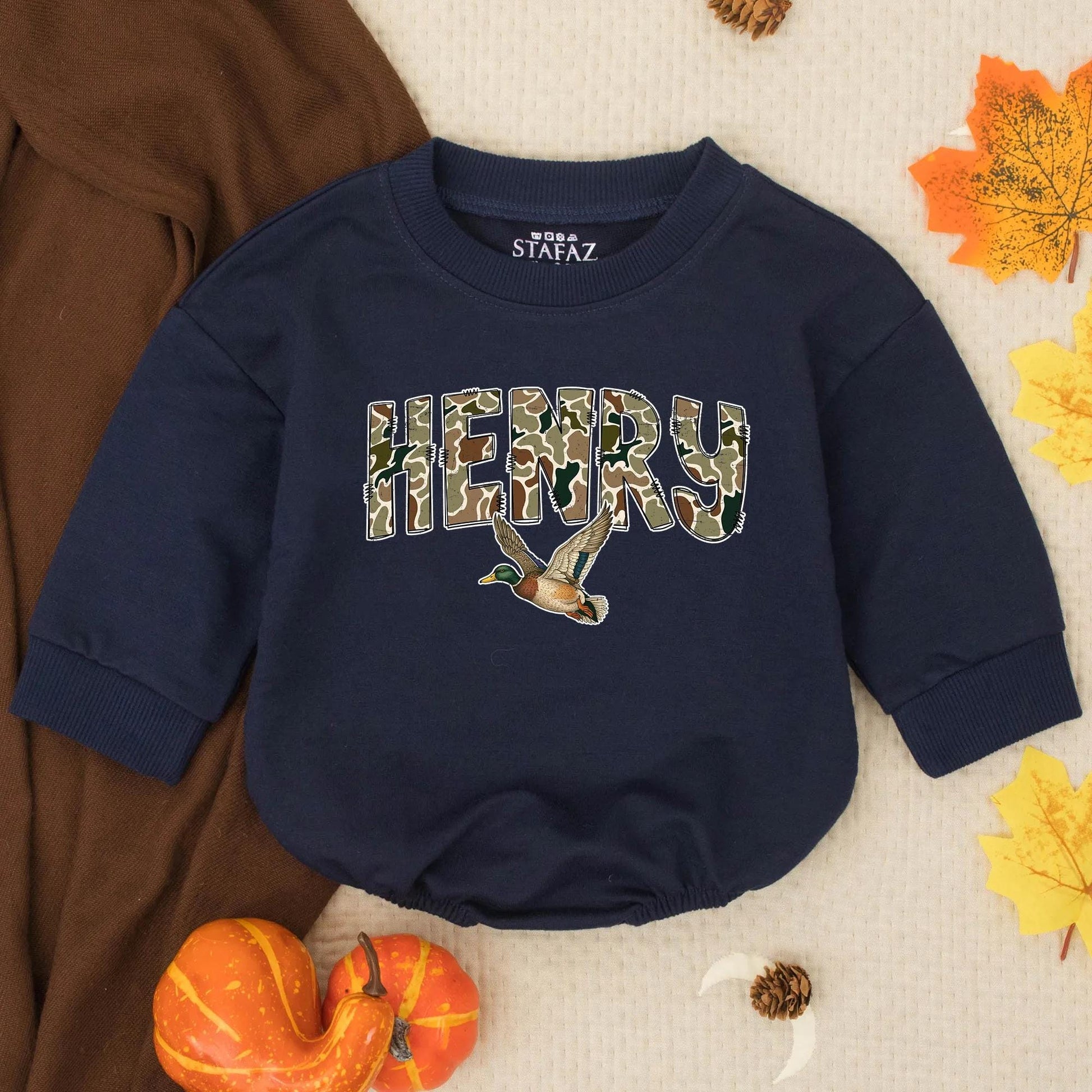HENRY Camo Name Mallard Duck Baby Boy Romper, Hunting Season Outfit, Personalized Baby Shower Gift, Duck Hunter Baby Clothes