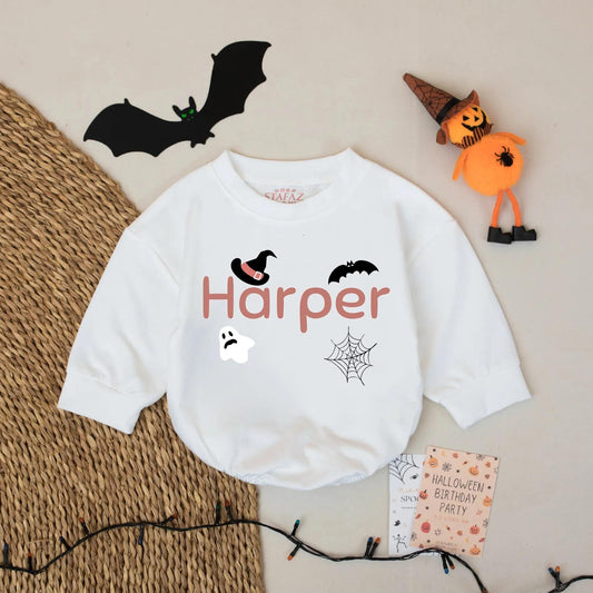 Custom Harper Halloween Baby Romper with Witch Hat & Bat | Retro Spooky Season Outfit for Baby Girl & Boy | First Halloween Gift