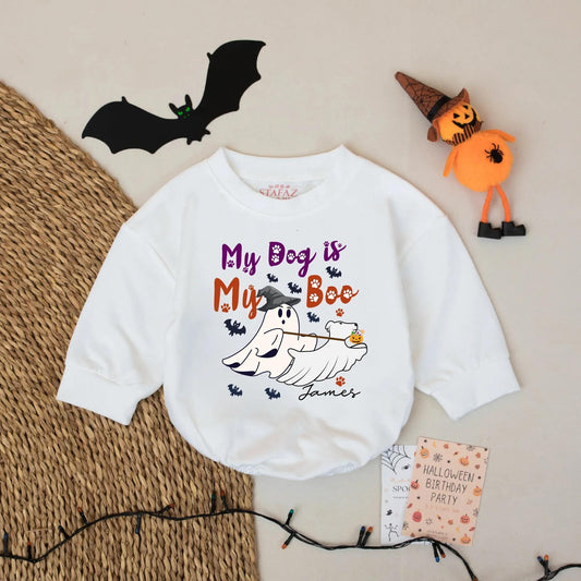 Custom Name My Dog is My Boo Halloween Baby Romper First Halloween Bodysuit Boy Outfit Whimsical Ghost Dog Paw Print Purple Orange Cute Infant Gift