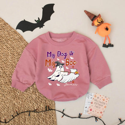 Custom Name My Dog is My Boo Halloween Baby Romper First Halloween Bodysuit Boy Outfit Whimsical Ghost Dog Paw Print Purple Orange Cute Infant Gift